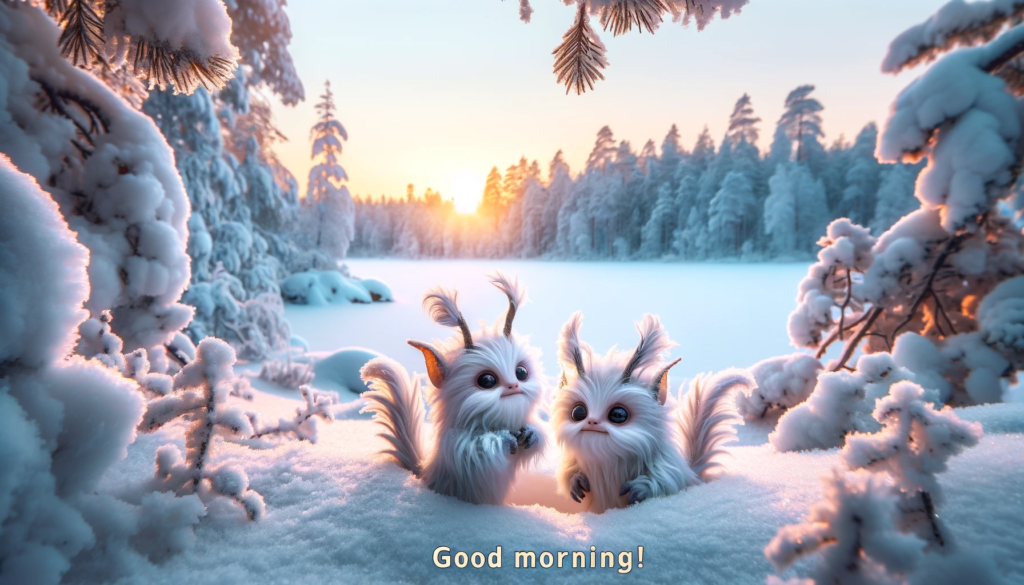 a morning image in Finland where a couple of whimsical little creatures playing