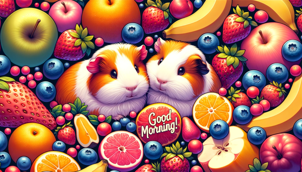 a "Good Morning!" image featuring a cute guinea pig with a cinnamon roll and an assortment of fruits