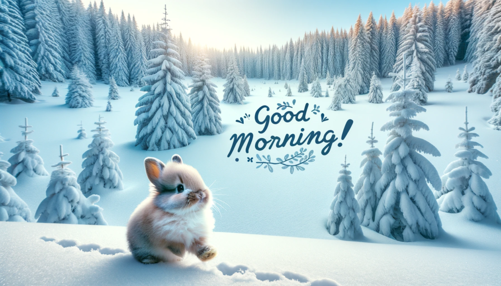 a "Good morning!" image in the snow country with a baby rabbit playing in the forest