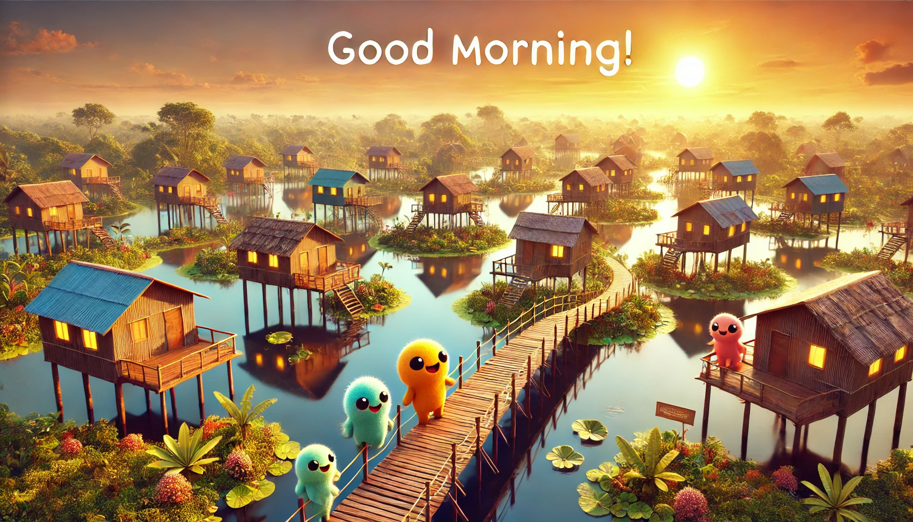 a morning scene at Fredrick Island, the wetland of Monrovia, Liberia, with houses connected by wooden bridges