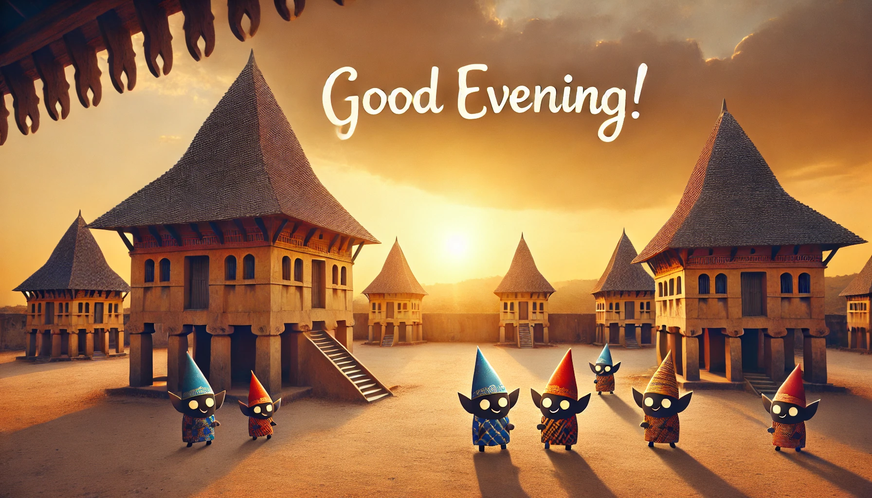 an evening scene in Asante Traditional Buildings, Ghana