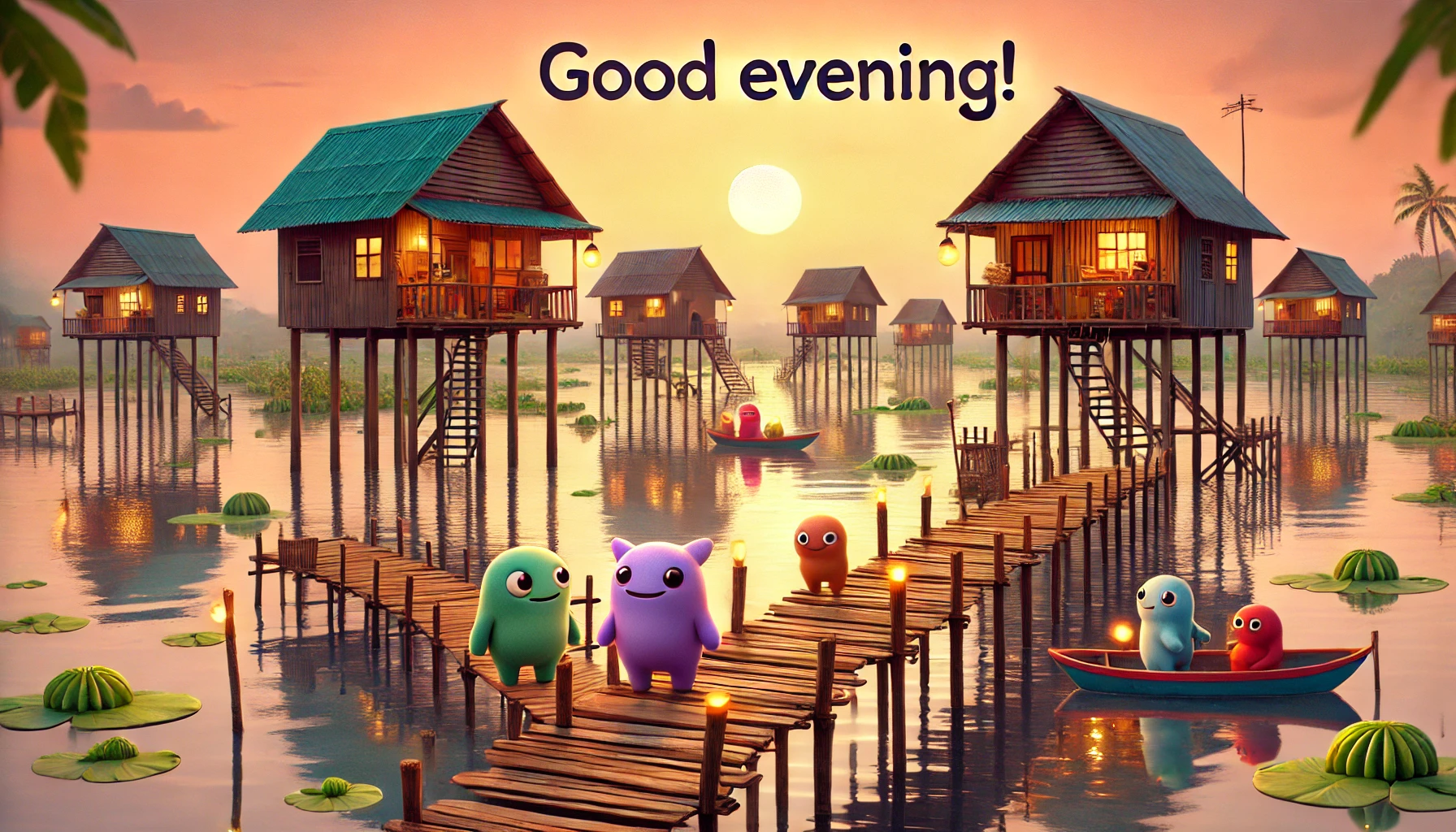 an evening scene at Fredrick Island, the wetland of Monrovia, Liberia, with houses connected by wooden bridges