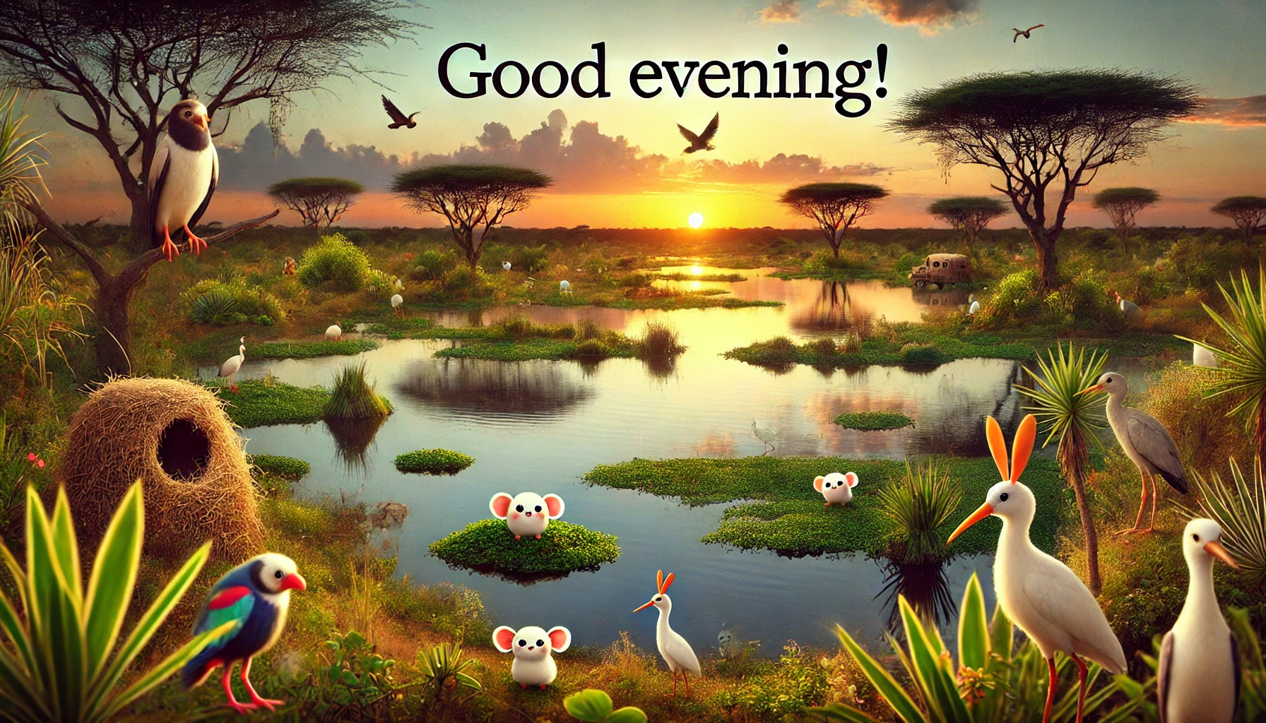 an evening scene at Djoudj National Bird Sanctuary, Senegal