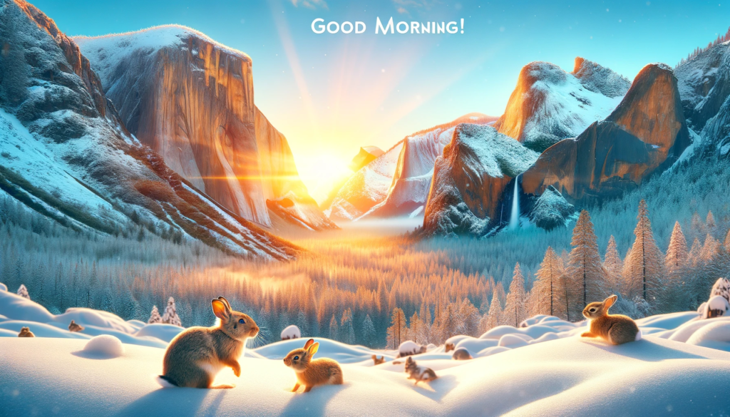 an image of a beautiful winter morning landscape of a Yosemite valley, featuring the big rock mountains in the background