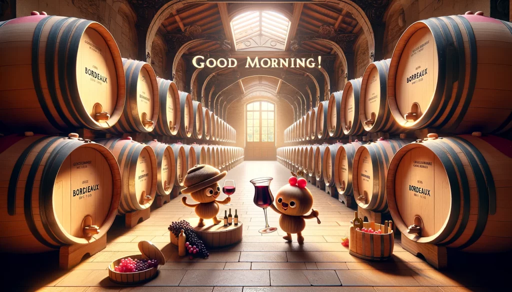 an image of a couple of cute little creatures playing among the wine barrels inside the chateau of Bordeaux