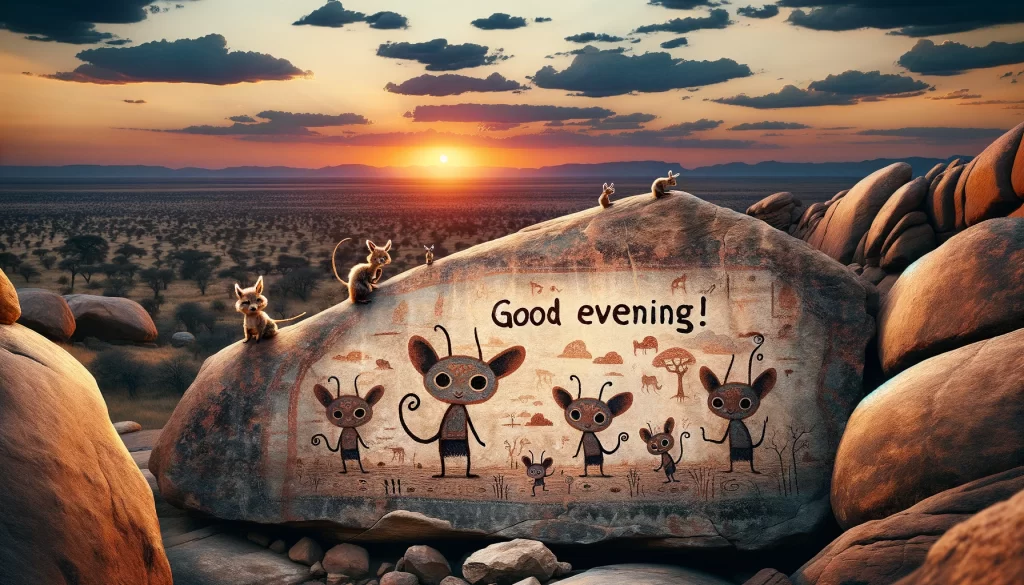 an evening scene at Tsodilo with ancient paintings, Botswana