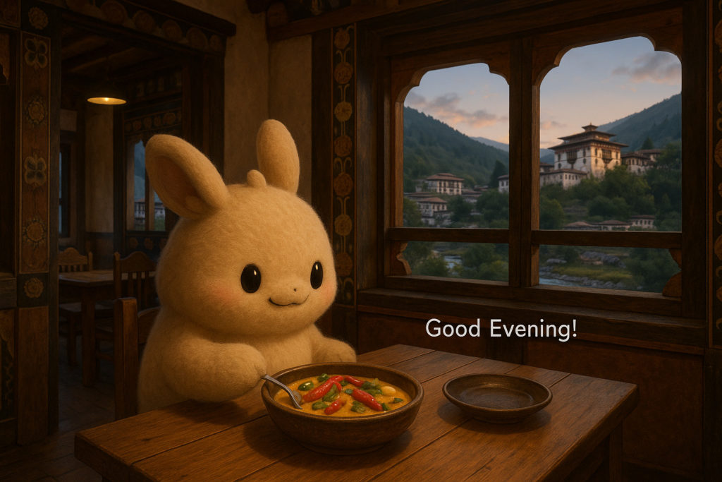 in Paro, Bhutan
パロのレストランでエマ・ダツィを食べる（ブータン）